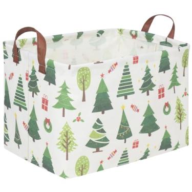 Imagem de FXOCSHE Cesta de Natal retangular, cesto de berçário, cesto de roupa à prova d'água, cesto de roupa suja de lona dobrável, organizador de brinquedos, decoração de quarto infantil, cesta de presente