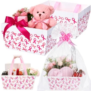 Imagem de Moinchore Conjunto de 12 cestas de fita rosa para presentes vazias 23 x 15 cm, bandeja de papelão com laços, sacos de celofane, azulejos torcidos, vazia para encher para artigos de festa de casamento