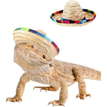 Imagem de PUMEXFE Mini chapéu sombrero para dragão barbudo lagarto cowboy chapéu de palha com alça ajustável no queixo pequeno animal de estimação cosplay para répteis hamster leopardo lagartixa furão (2 peças)
