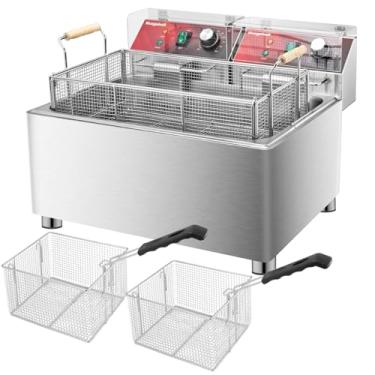 Imagem de Mvegoiuok Fritadeira Elétrica Grande com 3 Cestas 3600W Panela de Fritadeira Comercial de Peru com Tampa de Filtragem de Óleo Geladeira de Aço Inoxidável 25QT para Uso Doméstico Fritadeira a Óleo