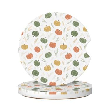 Imagem de Neukim Pacote com 2 porta-copos de carro verde amarelo laranja abóbora, porta-copos, 6 cm folha de outono antiderrapante absorvente de cerâmica com base de cortiça e entalhe de dedo acessórios de