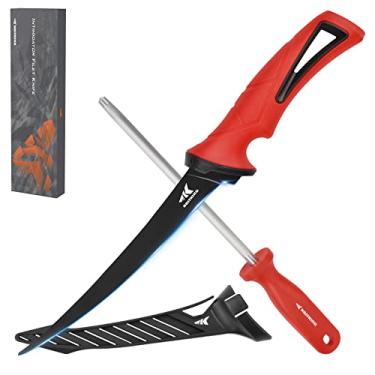 Imagem de KastKing Faca de filete intimidador com aço afiado, lâminas de aço inoxidável alemãs ultra-afiadas G4116, cabo antiderrapante, bainha protetora, faca de filete de 17 cm e haste de afiar