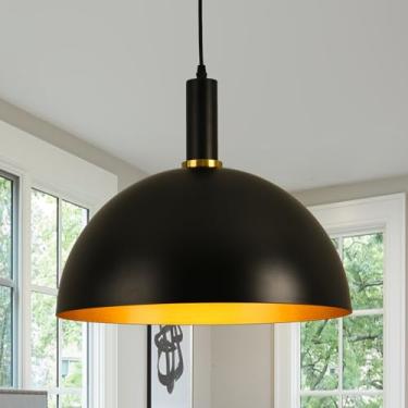 Imagem de Luminária pendente de cúpula industrial vintage de 40,6 cm, preto e dourado, grande, ilha de cozinha, moderna, casa de fazenda, ajustável, para sala de jantar, quarto, corredor, cafeteria