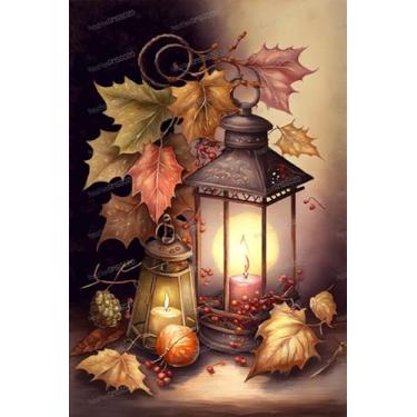 Imagem de RMSGOZO Kits de pintura de diamante de lanterna de outono 5D – Pintura de diamante de paisagem, kits de arte de diamante redondo completo DIY para adultos e crianças, para decoração de quarto e