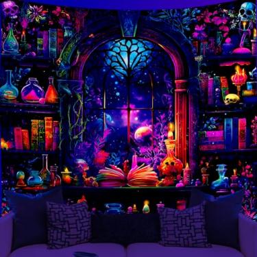 Imagem de WEBEEDY Blacklight Magic Bookshelf Tapestry Fantasy Stars Galaxy UV Reactive Tapestry Gothic Skull Books Wall Hanging Poster for Room Bedroom Home Halloween Party Decor, 150x130 cm/59x51 polegadas