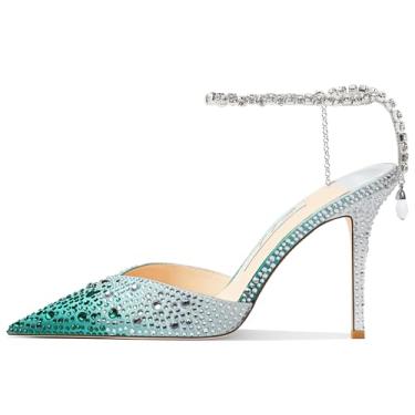 Imagem de Cokvkuu Sandálias femininas de salto alto, corrente de cristal, tiras no tornozelo, fivela de strass, salto alto, stiletto, sem fecho, festa de casamento, sapato social de cetim 9 cm, Verde, prata, 34