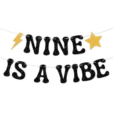 Imagem de Nine is a Vibe Banner - Cheer to 9 Years, Happy 9th Birthday Banner, Boho 9th Birthday Party Decorações Preto Glitter
