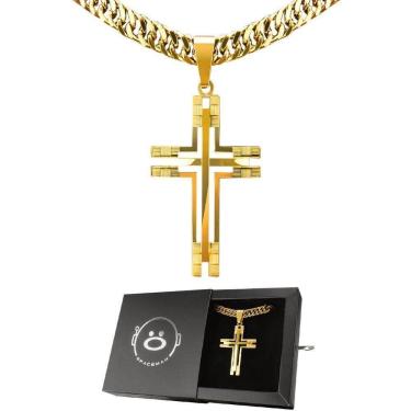 Imagem de Corrente Banhada Ouro Aço + Pingente Crucifixo Grande + Caixa Casual Qualidade Premium Dourado