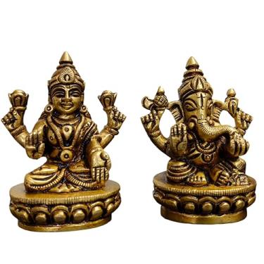 Imagem de craftslook Conjunto de ídolos de latão Laxmi Ganesh 7,6 cm | Deusa Deusa Hindu Murti para Templo Doméstico, Pooja e Decoração | Estátua Lakshmi Ganesha para Prosperidade, Vastu, Sucesso | Presente