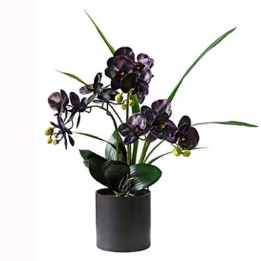 Imagem de DCYEQRQ Flor artificial em vaso artificial Phalaenopsis arranjo de flores, bonsai de orquídea artificial em vaso, planta de flor artificial para decoração de mesa de casa de festa de casamento, altura
