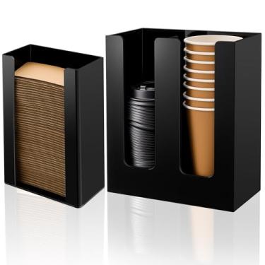 Imagem de AceOrbit Pacote com 2 organizadores de acrílico para copo de café e tampa e suporte de manga para xícara de café, 2 compartimentos, dispensador de papel descartável vertical preto para bar, cozinha