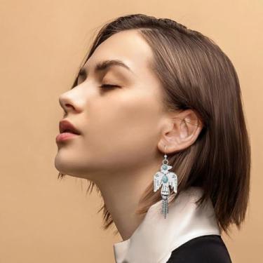 Imagem de 1 par de brincos de turquesa incrustados Agle, estilo vintage esculpido com borlas, brincos modernos para mulheres, joias boho exclusivas para uso diário e festa