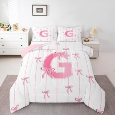 Imagem de jejeloiu Conjunto de cama com laço rosa, macio, para meninos e meninas, solteiro, letra G, edredom de microfibra, kawaii, laços coquetes, monograma, 2 peças com 1 fronha