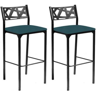 Imagem de Kit 02 Banquetas Alta Com Encosto Luiza Gourmet Para Balcão Cozinha Suede Azul Turquesa - Aurora Line