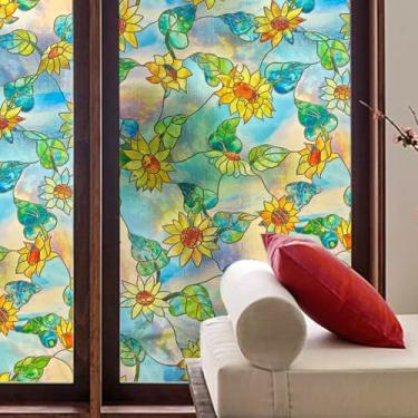 Imagem de AChoice4U Película de janela de vitral, película de privacidade para janela estática decorativa 3D, película de janela de controle de calor com bloqueio de UV não adesiva (girassol, 59,9 x 89,9 cm)