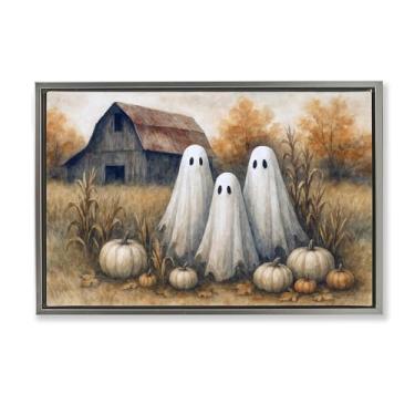 Imagem de Stupell Industries Arte de parede em tela flutuante com moldura preta Ghost Trio on Pumpkin Farm, design de Antony Smith, 43 x 63 cm