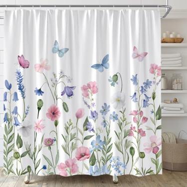 Imagem de ASVEAS Cortina de chuveiro floral aquarela primavera rosa azul flor flores silvestres plantas tecido para decoração de banheiro banheira com ganchos (177.8 cm WX70 H)