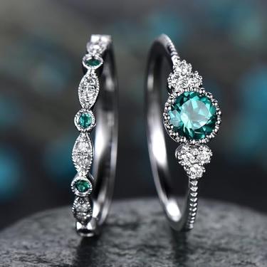 Imagem de 2 peças/conjunto de alianças de casamento de pedras sintéticas azuis para mulheres, noivado, joias de presente, 9, Cobre, Safira sintética