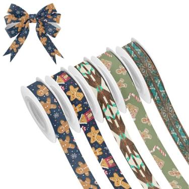 Imagem de SEHANY 5 rolos de fita de Natal 0,59 polegadas 5 jardas fitas de tecido de gengibre de Natal fitas de cetim festivas fitas decorativas de Natal para embrulho de presente faça você mesmo artesanato