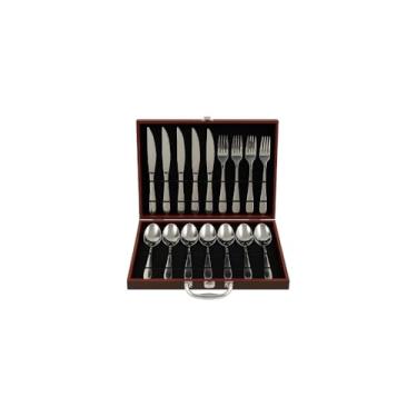 Imagem de Conjunto de Talheres Inox 24 Peças com Maleta, Faqueiro Mesa e Sobremesa, Acabamento Espelhado, Colheres, Garfos e Facas, Estojo MDF Marrom
