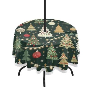 Imagem de Qilmy Toalha de mesa redonda à prova d'água de árvores de Natal de 152 cm com orifício para guarda-chuva e zíper – uso externo / interno resistente para pátio, churrascos, piqueniques, festas (serve