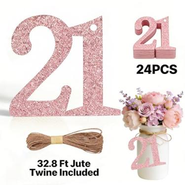 Imagem de ALISSAR 24 peças de etiquetas de números 21 em ouro rosa com barbante de juta de 32,8 m – decorações de aniversário de 21 anos, artigos de festa de 21 anos, peças centrais de pote de pedreiro, kit de