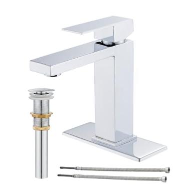 Imagem de AVSIILE Torneira de banheiro cromada, torneira de banheiro de orifício único, torneiras modernas de banheiro de aço inoxidável de alça única para pia 1 furo com rolha de drenagem pop-up e mangueiras