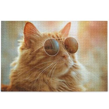 Imagem de Quebra-cabeça de gato gengibre fofo personalizado para adultos 1000 peças arte de pintura de animais engraçados quebra-cabeça cena de outono presentes tecnológicos para amantes, 75 x 50 cm