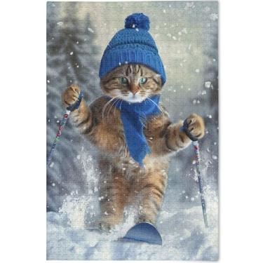 Imagem de Quebra-cabeça de esqui de gato engraçado personalizado adulto 500 peças impressão de arte animal presente divertido mordaça presente família amantes presentes, 52 cm x 37,8 cm