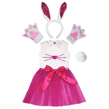 Imagem de Petitebella Camisa de nariz de coelho, faixa de cabeça, tutu, 6 peças, fantasia para meninas 1-8 anos (rosa choque, 1-2 anos)