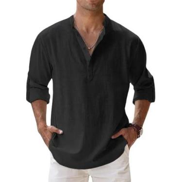 Imagem de Camisas Henley Masculinas Leves de Algodão e Linho - Estilo Casual par