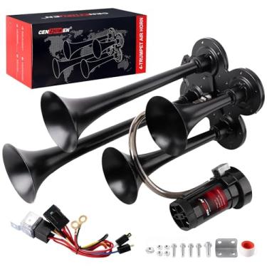 Imagem de Cenzhiwen Kit de Buzina de Trem, Adequado para Caminhões/Carros/Semi-reboques, 4 Alto-falantes, dB Ultra Alto, Preto, Material: Zinco Cromado e Cobre, 12V 150dB, Ajuste Universal, Segurança