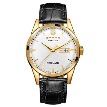 Imagem de ROCOSJEWE Relógio mecânico automático masculino esqueleto, relógio de pulso masculino, couro legítimo, luxuoso, clássico, elegante, relógio RW0101, Branco, Negócios de moda