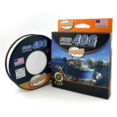 Imagem de FINS Linha de pesca trançada super redonda 40G feita nos EUA - alta relação resistência/diâmetro, sensação mono suave, sobretrança de pacote de 8 fibras, design sem penugem - branco - 38 kg - 300