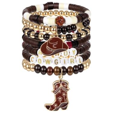 Imagem de Pulseiras com contas de vaqueira ocidental, acessórios de botas de vaqueira marrons empilháveis, pulseiras elásticas com contas Western Country com pingente de botas de chapéu de vaqueira, presentes