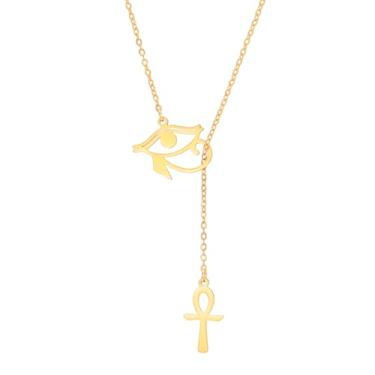 Imagem de PDOUSELF Colares femininos com olho de Hórus Ankh em Y ajustável, colar egípcio moderno de aço inoxidável com pingente de olho de Hórus, joia de amuleto religioso, 20, Aço inoxidável, Sem Pedra