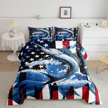 Imagem de Conjunto de cama com estampa de peixe-espada Marlin, bandeira americana, para crianças, adolescentes, adultos, vida marinha, oceano, com 2 fronhas, azul e vermelho, casal
