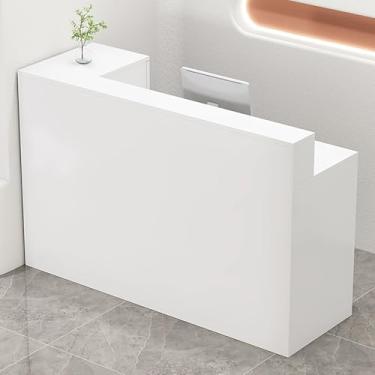 Imagem de Mesa de recepção moderna em forma de L com orifício para cabo e gaveta com trava, balcão de caixa de varejo branco para escritório ou loja, mesa de recepção com bandeja de teclado, 140 x 45 x 100 cm