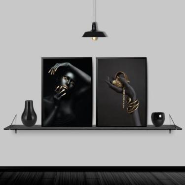 Imagem de Kit 2 Quadros Mulher Bijuterias Douradas 45X34 Vidro - Preta