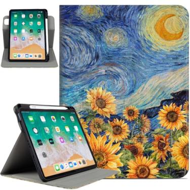 Imagem de Capa giratória para iPad Air de 11 polegadas M3/M2, capa para iPad Air 5ª/4ª geração de 10,9 polegadas, suporte giratório 360 com suporte para lápis para iPad Pro 11 polegadas, girassóis noturnos