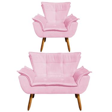 Imagem de Sofá Namoradeira e Poltrona Pé Palito Castanho Opala Suede Rosa Bebê D03 - D'Rossi