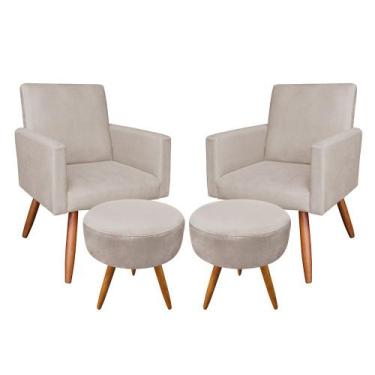 Imagem de Kit 02 Poltronas com 02 Puffs Larissa Suede Pés Palito Castanho D'Ross