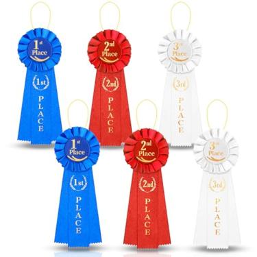Imagem de 6 fitas de prêmio, conjunto de fitas de 1º 2º 3º lugar, fita de prêmio azul, vermelho e branco, fita de vitória do vencedor, prêmio de reconhecimento honroso para medalhas, competições em sala de aula