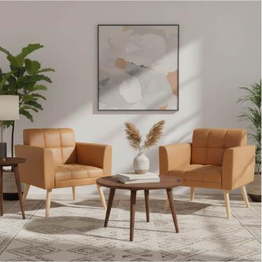 Imagem de Poltrona Sala Decorativa Kit 2 Elisa Pé Palito Castanho Sintético PU Whisky D03 - D'Rossi