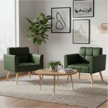 Imagem de Poltrona Sala Decorativa Kit 2 Elisa Pé Palito Castanho Sintético PU Verde D03 - D'Rossi