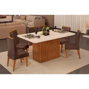Imagem de Conjunto: Mesa Sala Jantar Canes c/ Tampo Madeirado c/ Vidro Curvo 170x90cm e 6 Cadeiras Ondina Freijo/Off White - Suede Moca - DJ Móveis