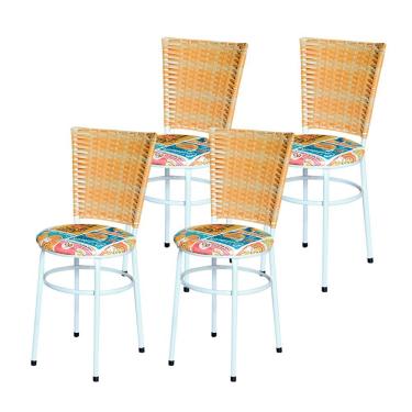 Imagem de 4 Cadeiras Para Mesa Branca Hawai Palha Com Assento Floral Cor:happy Hour