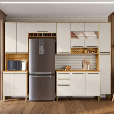 Imagem de Armário de Cozinha com Balcão e Tampo 13 Portas 2 Gavetas Xangai Plus 100% Mdf Vidro Reflecta Amêndoa/Off White - Pnr Móveis