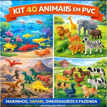 Imagem de Kit 40 Animais Sortidos em PVC Dinossauros, Safari, Fazenda e Marinhos