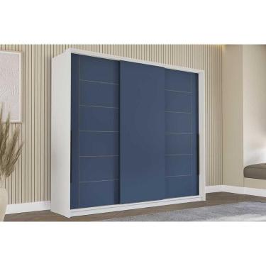 Imagem de Guarda Roupa Casal Lisboa 3 Portas de Correr 4 Gavetas MDF-MDP Branco-Azul Politorno Móveis